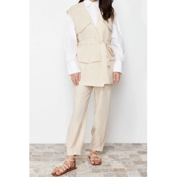 Kadın Moda Şık Regular Boy Kolsuz Keten Görünümlü Yelek Pantolon Dokuma Alt Üst Takım