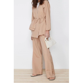 Kadın Moda Şık Regular Boy Uzun Kollu Pamuklu Dokuma Kimono Pantolon Alt Üst Takım