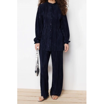 Kadın Moda Şık Regular Uzun Boy Uzun Kollu Piliseli Örme Alt-Üst Takım