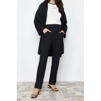 Kadın Moda Şık Regular Boy Oversize Dokulu Bürümcük Örme Kimono Pantolon Alt-Üst Takım