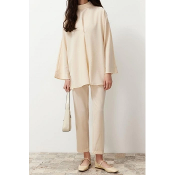 Kadın Moda Şık Regular Boy Uzun Kollu Yakası Detaylı Dokuma Alt Üst Takım