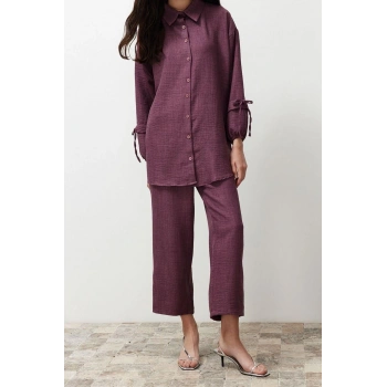 Kadın Moda Şık Regular Boy Uzun Kollu Keten Görünümlü Dokuma Alt-Üst Takım