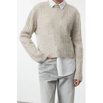 Kadın Moda Şık Tesettür Bisiklet Yaka Standart Kol Regular Ajurlu Delikli Triko Kazak