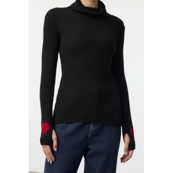 Kadın Moda Şık Dik Yaka Standart Kol Regular Kol Detaylı Triko Kazak