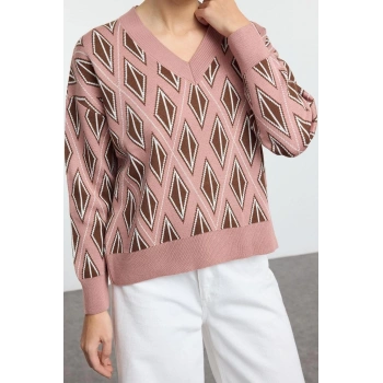 Kadın Moda Şık V Yaka Düşük Kol Regular Geometrik Desenli Triko Kazak