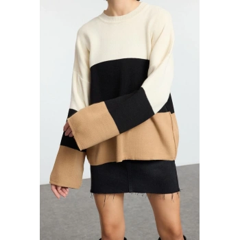 Kadın Moda Şık Bisiklet Yaka Düşük Kol Uzun Renk Bloklu Triko Kazak