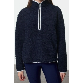 Kadın Moda Şık Regular Dik Yaka Düşük Kol Regular Peluş Örme Spor Sweatshirt