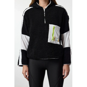 Kadın Oversize Fermuarlı Yaka Düşük Kol Paraşüt Kumaş Detaylı Peluş Geniş Kalıp Örme Spor Sweatshirt