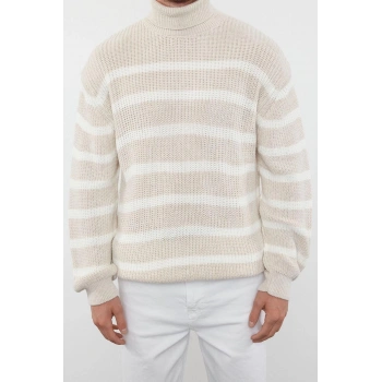 Erkek Moda Şık Balıkçı Yaka Düşük Kol Regular Casual Çizgili Triko Kazak