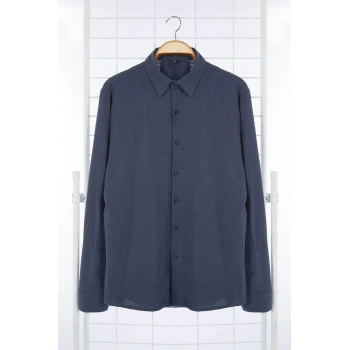 Moda Gömlek Yaka Düz Uzun Kol Waffle Dokulu Pamuklu Regular Fit Gömlek