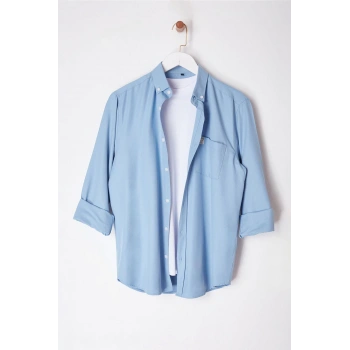 Moda Gömlek Yaka Düz Uzun Kol Regular Fit Etiket Detaylı Şambre Kolay Ütülenebilir Gömlek