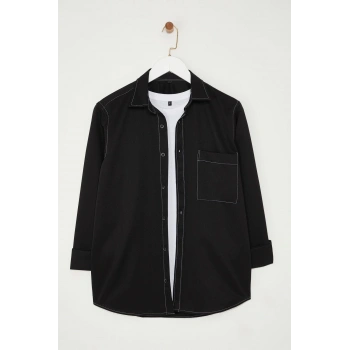 Moda Gömlek Yaka Düz Uzun Kol Regular Fit Kontrast Dikiş Detaylı Gömlek