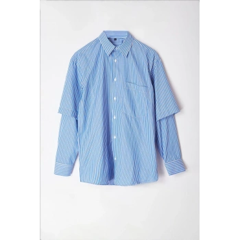 Moda Gömlek Yaka Çizgili Uzun Kol Limited Edition Relaxed Fit Alttan Çıkma Kollu Gömlek