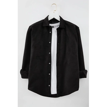 Moda Gömlek Yaka Düz Uzun Kol Slim Fit Süet Kışlık Gömlek