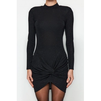 Kadın Moda Şık Mini Boy Dik Yaka Fitted Vücuda Oturan Parıltılı Simli Örme Kısa Şık Abiye Elbise