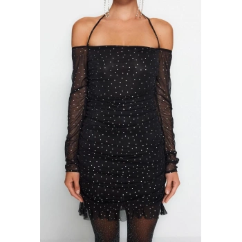 Kadın Mini Boy Fitted Puantiyeli Vücuda Oturan Astarlı Drapeli Örme Tül Kısa Abiye Elbise