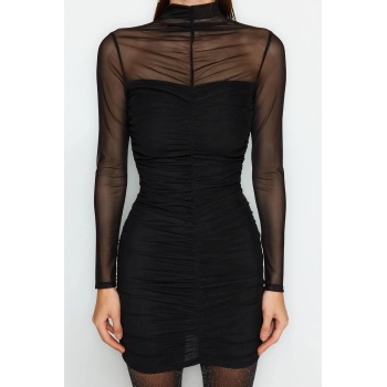 Kadın Moda Şık Mini Boy Dik Yaka Fitted Vücuda Oturan Astarlı Örme Tül Kısa Şık Abiye Elbise