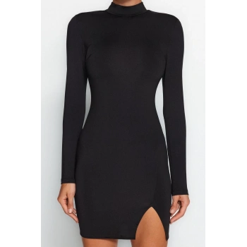 Kadın Moda Şık Mini Boy Dik Yaka Fitted Vücuda Oturan Örme Kısa Şık Abiye Elbise