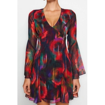 Kadın Moda Şık Midi Boy V Yaka Fitted A-Kesim Astarlı Şifon Şık Abiye Elbise