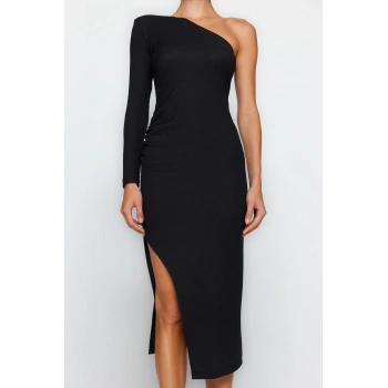 Kadın Moda Şık Midi Boy Asimetrik Yaka Fitted Vücuda Oturan Örme Şık Abiye Elbise