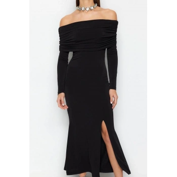 Kadın Moda Şık Midi Boy Carmen Yaka Fitted Şık Abiye Elbise