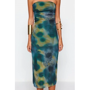 Kadın Moda Şık Midi Boy Straplez Slim Vücuda Oturan Örme Tül Şık Abiye Elbise