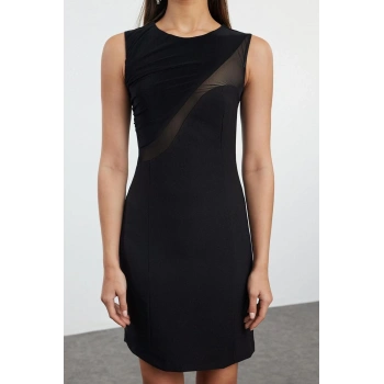 Kadın Moda Şık Mini Boy Kayık Yaka Fitted Transparan Detaylı Dokuma Kısa Şık Abiye Elbise