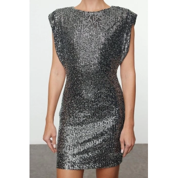 Kadın Moda Şık Mini Boy Bisiklet Yaka Fitted Parıltılı Örme Payet Kısa Elbise