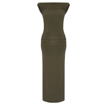 Kadın Moda Şık Midi Boy Carmen Yaka Fitted Elbise