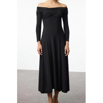 Kadın Moda Şık Midi Boy Asimetrik Yaka Fitted A-Kesim Örme Elbise