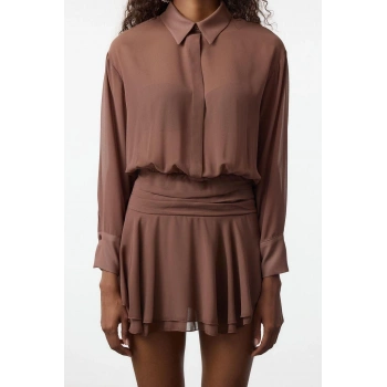 Kadın Moda Şık Mini Boy Gömlek Yaka Fitted A-Kesim Fırfır Detaylı Şifon Dokuma Kısa Elbise