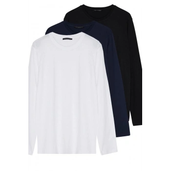 Yeni Sezon 3lü Paket Regular %100 Pamuk Bisiklet Yaka Uzun Kol Düz Desenli Günlük T-Shirt