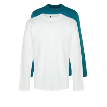 Yeni Sezon 2li Paket Regular %100 Pamuk Bisiklet Yaka Uzun Kol Düz Desenli Günlük T-Shirt