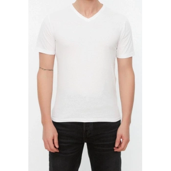 Yeni Sezon Slim %100 Pamuk V Yaka Kısa Kol Düz Desenli Günlük T-Shirt