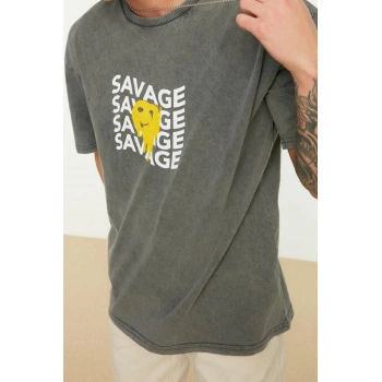 Yeni Sezon Rahat Pamuklu Bisiklet Yaka Kısa Kol Slogan Desenli Günlük T-Shirt