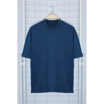 Yeni Sezon Rahat Pamuklu Dik Yaka Kısa Kol Düz Desenli Günlük T-Shirt