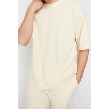 Yeni Sezon Oversize Polyester Bisiklet Yaka Kısa Kol Dokulu Desenli Günlük T-Shirt