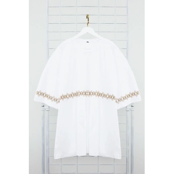 Yeni Sezon Oversize Pamuklu Bisiklet Yaka Kısa Kol Etnik Desenli Günlük Büyük Beden T-Shirt