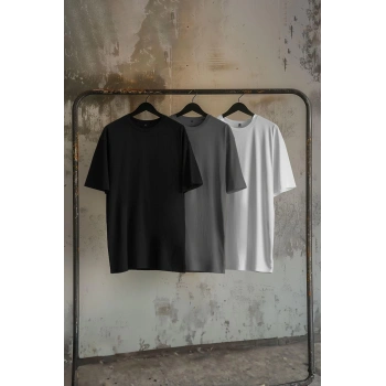 Yeni Sezon 3lü Paket Oversize %100 Pamuk Bisiklet Yaka Kısa Kol Düz Desenli Günlük T-Shirt