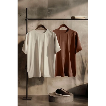 Yeni Sezon 2li Paket Oversize %100 Pamuk Bisiklet Yaka Kısa Kol Düz Desenli Günlük T-Shirt