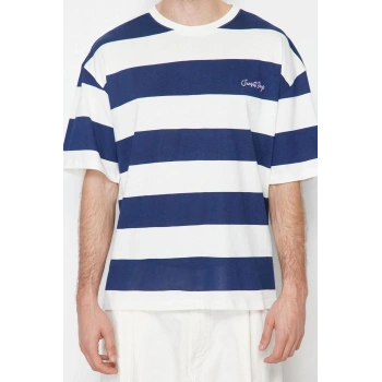 Yeni Sezon Oversize %100 Pamuk Bisiklet Yaka Kısa Kol Çizgili Desenli Günlük T-Shirt