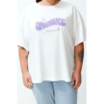 Yeni Sezon Oversize %100 Pamuk Bisiklet Yaka Kısa Kol Slogan Desenli Günlük Büyük Beden T-Shirt