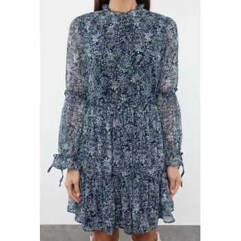 Kadın Moda Şık Mini Boy Dik Yaka Regular Düz Belden Açılan Büzgülü Astarlı Dokuma Kışlık Elbise