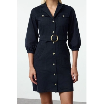 Kadın Moda Şık Mini Boy Ceket Yaka Regular Düz Kemerli Ceket Düğme Detaylı Dokuma Elbise