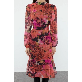 Kadın Moda Şık Midi Boy Dik Yaka Regular Pembe001 Düz Dokuma Kışlık Elbise