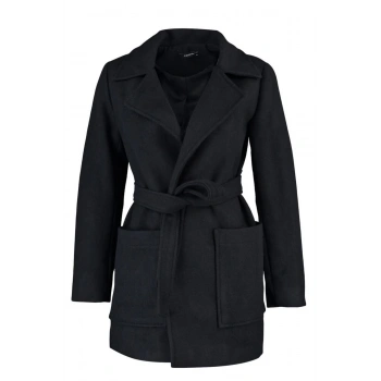 Kadın Moda Şık Fitted Ceket Yaka Midi Düz Astarlı Fitted Kuşaklı Yünlü Kaşe Kaban