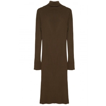 Kadın Moda Şık Mini Boy Balıkçı Yaka Slim Triko Kolları Volanlı Elbise