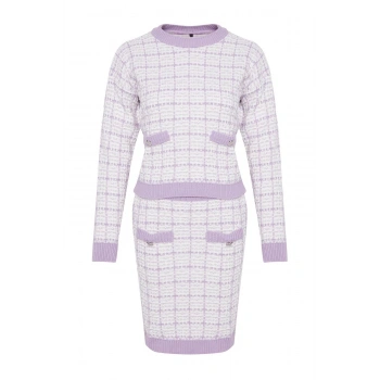 Kadın Moda Şık Boru Paça Regular Boy Uzun Kollu Tüvit Görünümlü Simli Triko Alt-Üst Takım