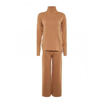 Kadın Moda Şık Geniş Paça Regular Boy Uzun Kollu Dik Yaka Triko Alt-Üst Takım