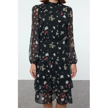 Kadın Moda Şık Midi Boy Bisiklet Yaka Regular Çiçekli Skater Fırfır Dokuma Kışlık Elbise